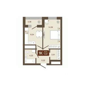 1-к квартира, строящийся дом, 37м2, 2/16 этаж