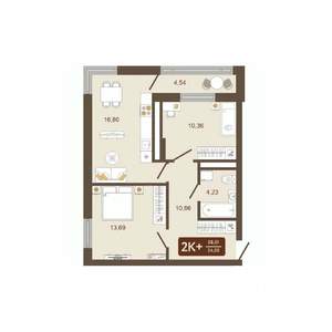 2-к квартира, вторичка, 58м2, 8/16 этаж