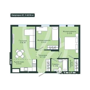 3-к квартира, вторичка, 61м2, 6/12 этаж