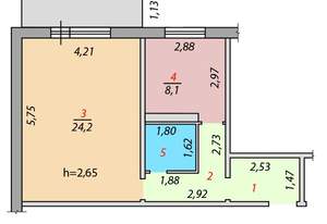 1-к квартира, вторичка, 44м2, 6/1 этаж