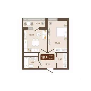 1-к квартира, строящийся дом, 42м2, 14/16 этаж