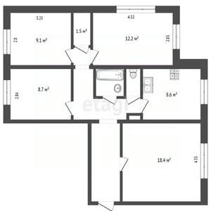 4-к квартира, вторичка, 77м2, 1/9 этаж