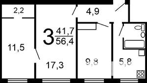 3-к квартира, вторичка, 57м2, 2/9 этаж