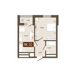 1-к квартира, вторичка, 38м2, 6/16 этаж