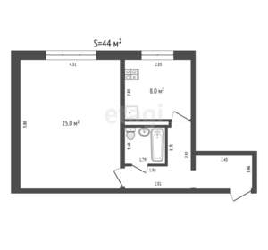 1-к квартира, вторичка, 44м2, 1/9 этаж