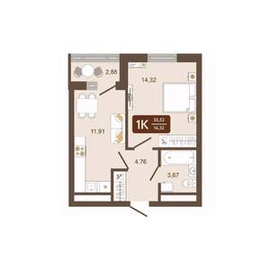 1-к квартира, строящийся дом, 36м2, 13/16 этаж