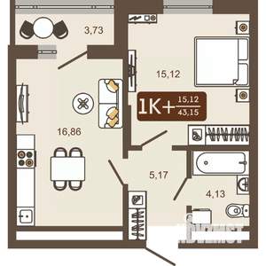 1-к квартира, вторичка, 43м2, 9/16 этаж