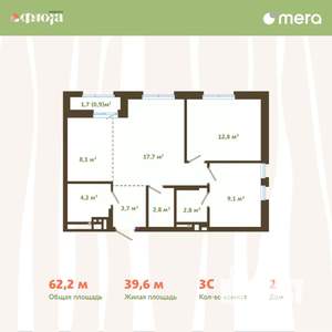 3-к квартира, вторичка, 62м2, 8/14 этаж