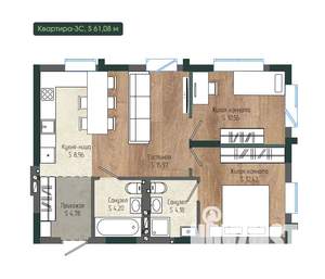 3-к квартира, вторичка, 61м2, 4/12 этаж