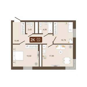 2-к квартира, вторичка, 64м2, 14/16 этаж