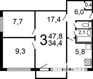 3-к квартира, вторичка, 47м2, 1/5 этаж