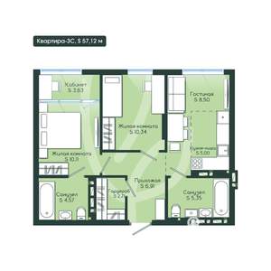 3-к квартира, вторичка, 57м2, 6/12 этаж