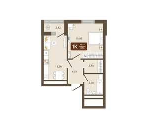 1-к квартира, вторичка, 43м2, 3/16 этаж