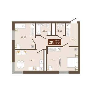 2-к квартира, вторичка, 64м2, 16/16 этаж