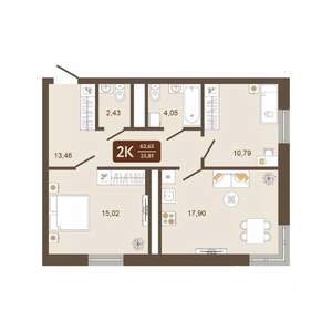 2-к квартира, вторичка, 64м2, 13/16 этаж