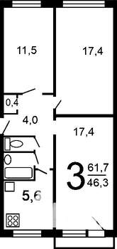 3-к квартира, вторичка, 62м2, 8/9 этаж