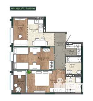 3-к квартира, вторичка, 69м2, 6/12 этаж