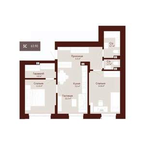 3-к квартира, строящийся дом, 64м2, 1/9 этаж