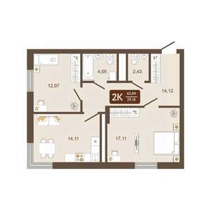 2-к квартира, строящийся дом, 64м2, 8/16 этаж