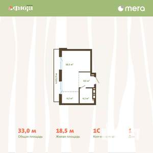 1-к квартира, вторичка, 33м2, 6/15 этаж