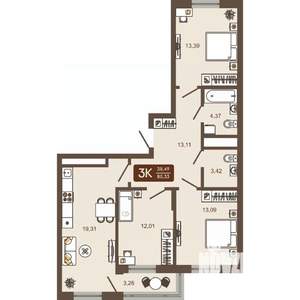 3-к квартира, вторичка, 80м2, 8/16 этаж