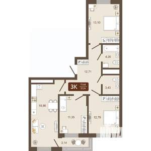 3-к квартира, вторичка, 77м2, 13/16 этаж