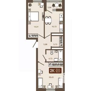 2-к квартира, вторичка, 56м2, 3/16 этаж