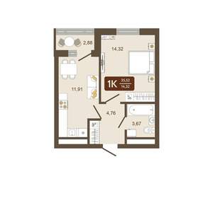 1-к квартира, вторичка, 36м2, 9/16 этаж