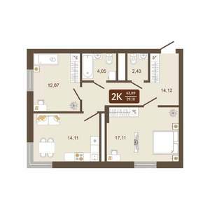 2-к квартира, вторичка, 64м2, 4/16 этаж