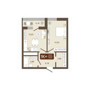 1-к квартира, вторичка, 42м2, 12/16 этаж