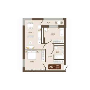 2-к квартира, строящийся дом, 58м2, 14/16 этаж