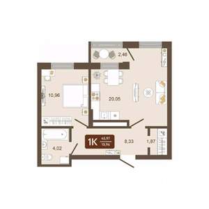 1-к квартира, вторичка, 46м2, 14/16 этаж