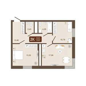 2-к квартира, вторичка, 64м2, 5/16 этаж