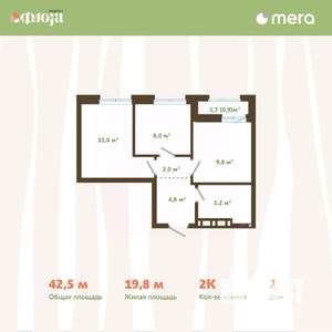 2-к квартира, вторичка, 43м2, 4/14 этаж