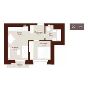2-к квартира, строящийся дом, 37м2, 5/9 этаж