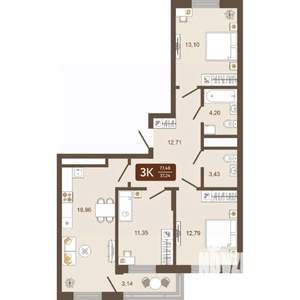 3-к квартира, вторичка, 77м2, 6/16 этаж