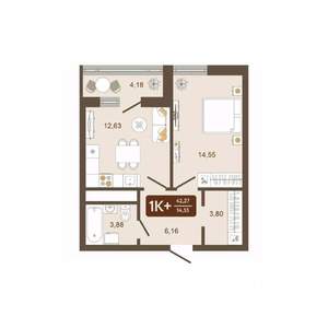 1-к квартира, строящийся дом, 42м2, 12/16 этаж