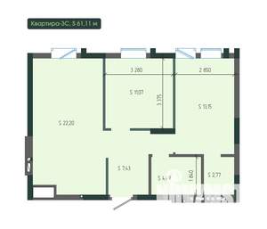 3-к квартира, вторичка, 61м2, 2/12 этаж