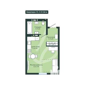 1-к квартира, вторичка, 32м2, 4/12 этаж