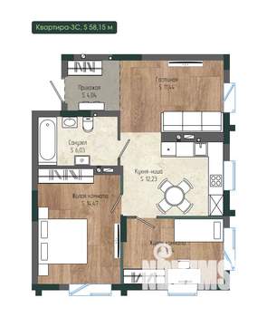 3-к квартира, вторичка, 58м2, 2/12 этаж