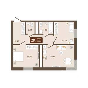 2-к квартира, вторичка, 64м2, 2/16 этаж