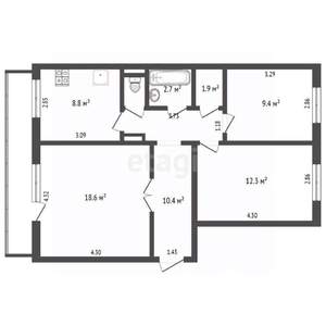 3-к квартира, вторичка, 65м2, 8/9 этаж