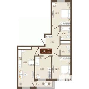 3-к квартира, строящийся дом, 77м2, 3/16 этаж