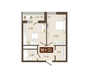 1-к квартира, вторичка, 42м2, 12/16 этаж