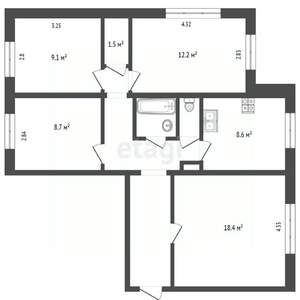 4-к квартира, вторичка, 77м2, 1/9 этаж
