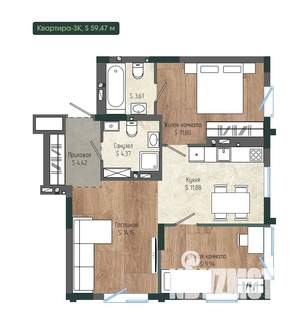 3-к квартира, вторичка, 59м2, 12/12 этаж