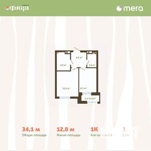 1-к квартира, вторичка, 34м2, 8/15 этаж