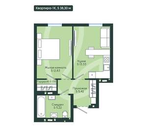 1-к квартира, вторичка, 38м2, 7/12 этаж