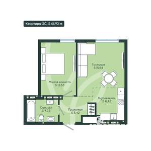 2-к квартира, вторичка, 45м2, 4/12 этаж