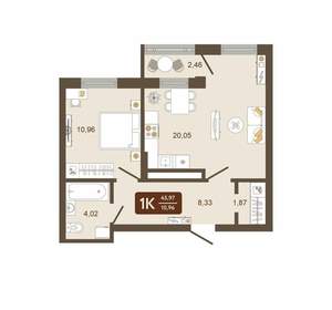 1-к квартира, вторичка, 46м2, 13/16 этаж